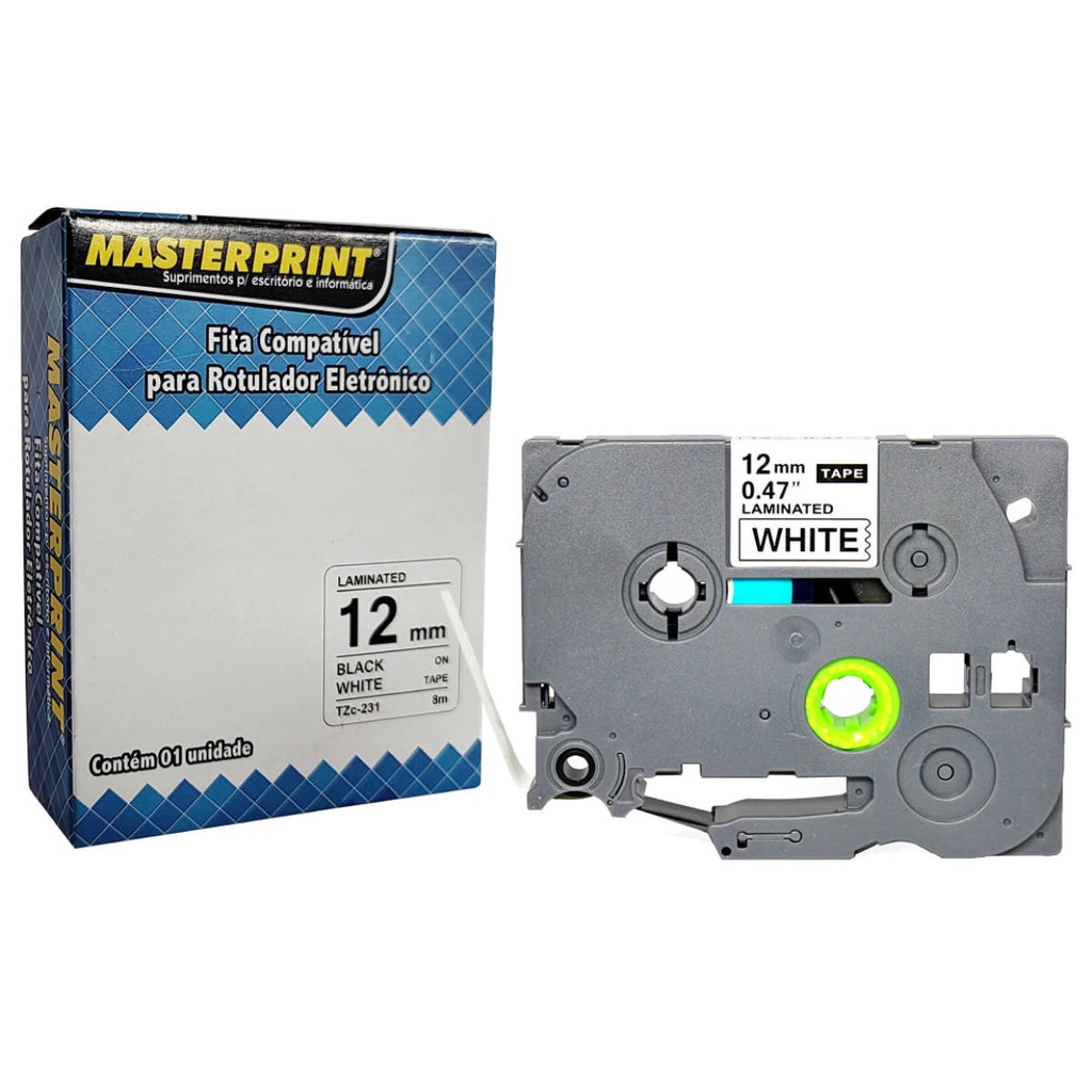 Fita para Rotulador Masterprint Compatível TZc-231 TZe-231 TZ-231 12mm x 8m Branco/Preto