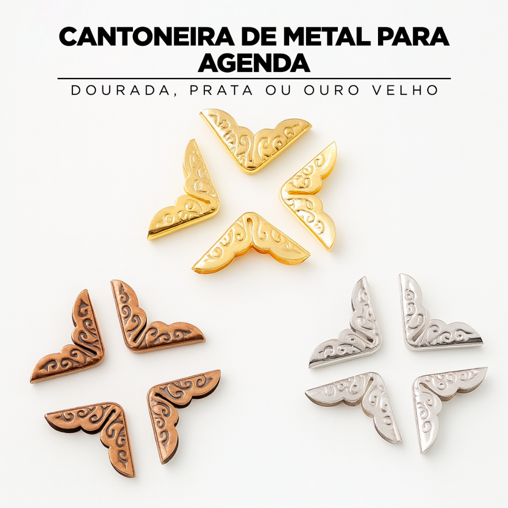 Cantoneira de Metal para Agenda / Encadernação/Canto de Livro 14x14mm (DOURADA, PRATA OU OURO VELHO)