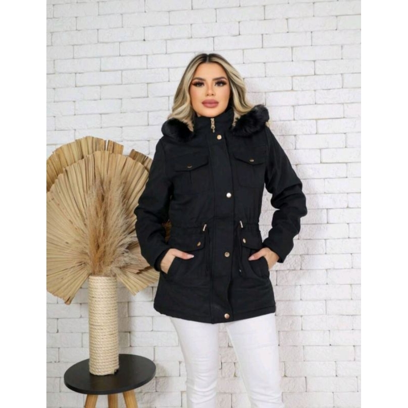 Parka casaco Bolsinho forrada pelinho com capuz P ao G5