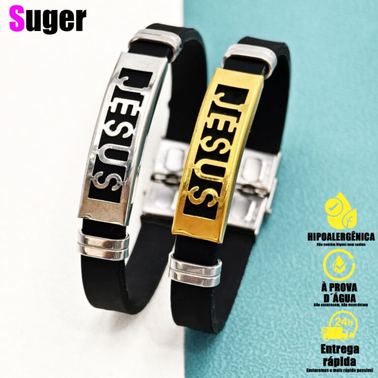 Pulseira masculina Dourada Jesus em aço Borracha 
