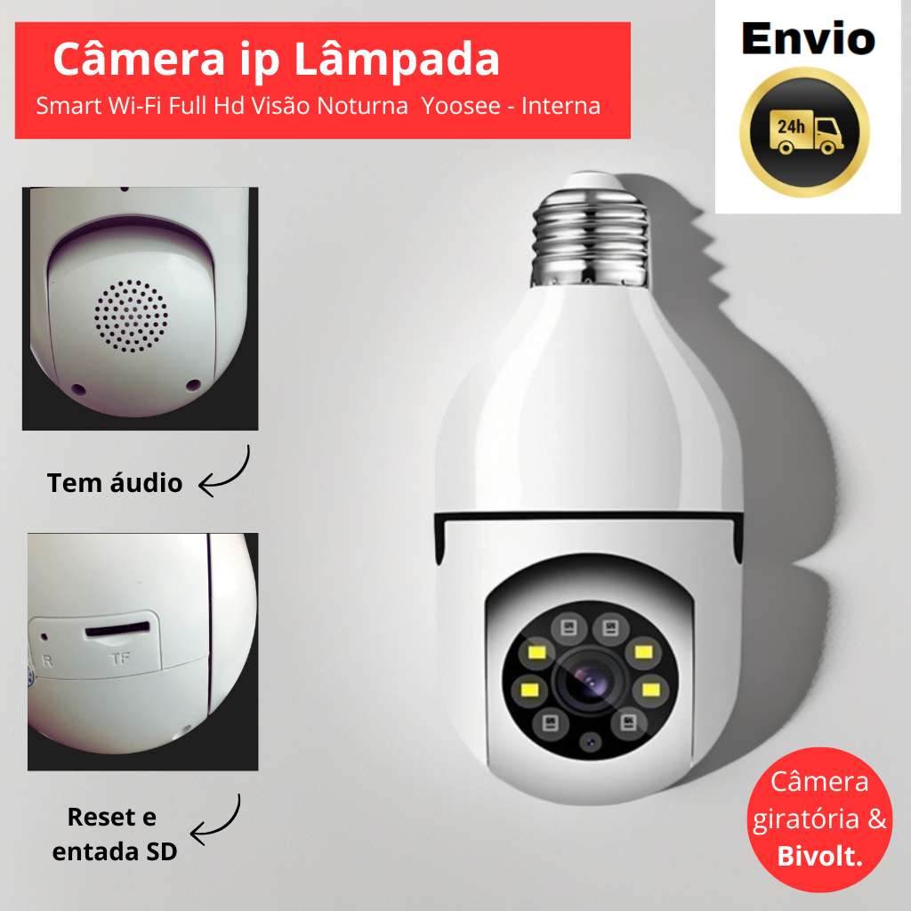 Câmera Ip Lâmpada Smart Wi-Fi Full Hd Visão Noturna uso do app do manual. – Interna