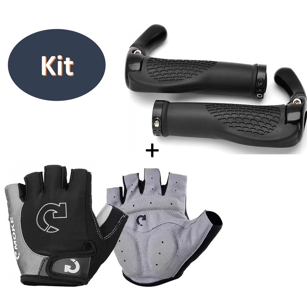 Kit Manopla Anatômica Confortável Bar End Bike Bicicleta + Luva Para Ciclista Meio Dedo Ciclismo Mtb