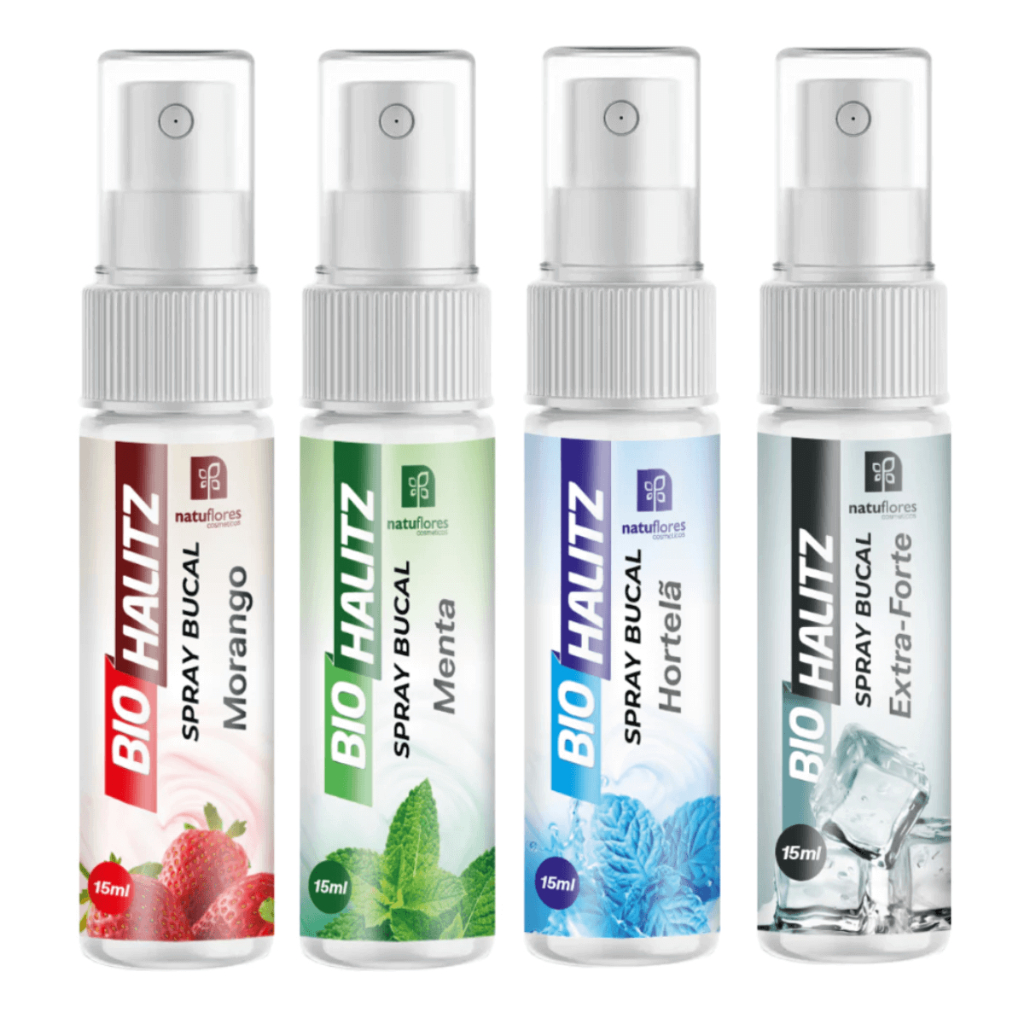 Kit Spray Bucal 15ml – Halito Super Refrescante (Extra Forte, Morango, Menta, Maçã Verde))