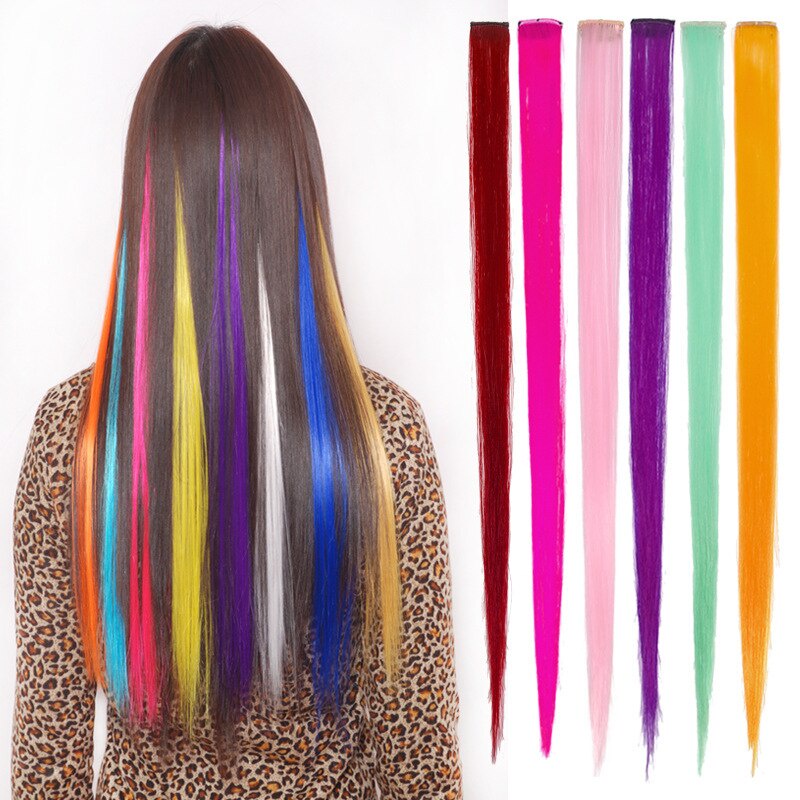 1 Pcs Moda Menina Colorido Sem Costura Pedaço Reta Longa Peruca De Cabelo Com Cor Clipe Pedaço De Ex