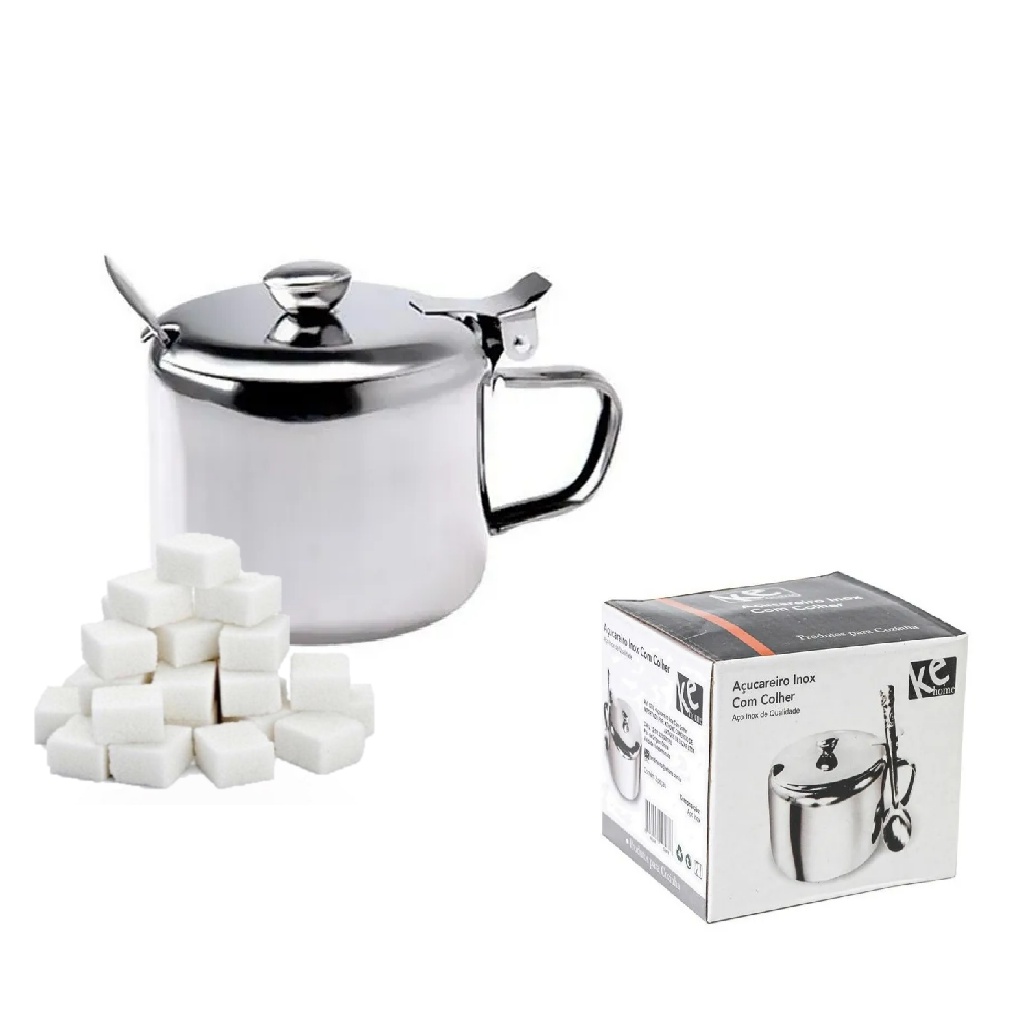 Açucareiro Inox C/ Tampa E Colher Açucareiro – Qualidade Top