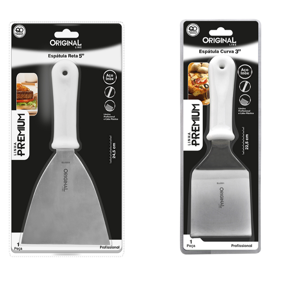 Kit Com 2 Espátulas Em Inox Reta E Curva Para Lanches Chapa Cozinha Chapeiro Lanchonete
