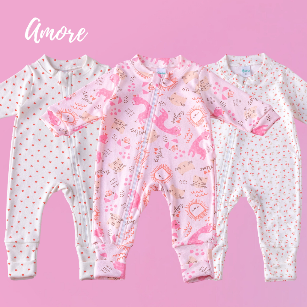 3 Macacões Bebê Amore Mais Vendidos Vira Pé com Zíper Menina 100% Algodão