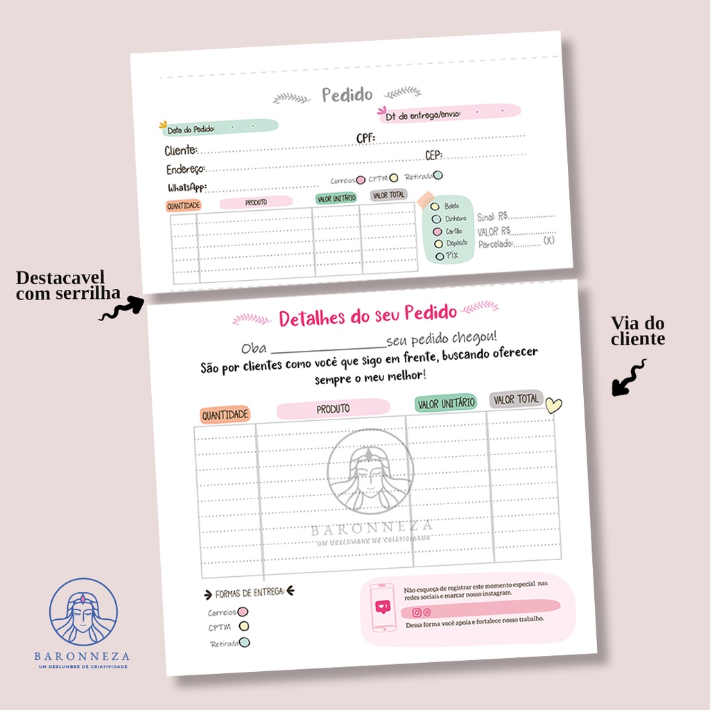 Talão de pedido + recibo 50 folhas destacáveis 2 vias – feminino ( pedidos, nota fiscal)
