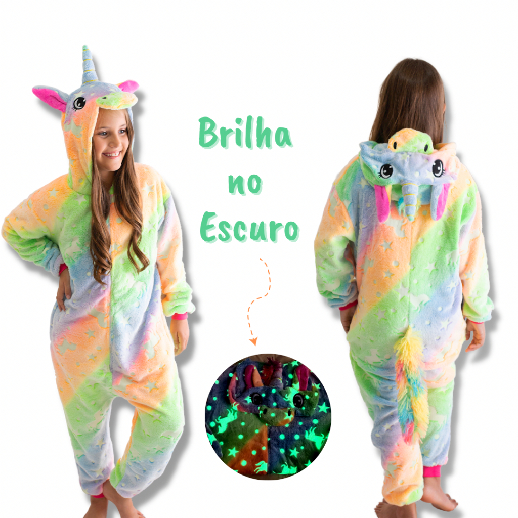 Pijama Macacão Infantil Unicórnio Kigurumi Luminoso – Brilha no escuro