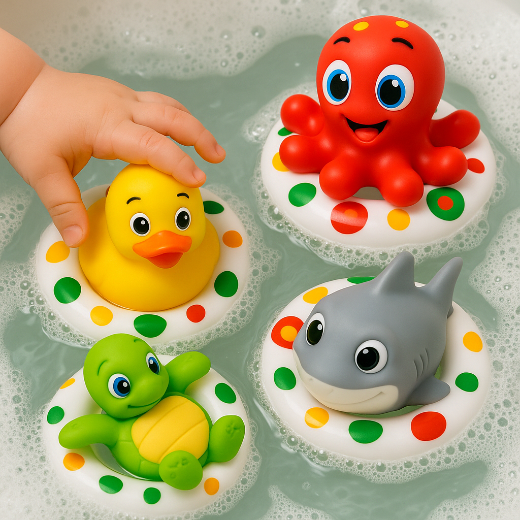 Kit 4 Bichinhos Banho Bebê Flutuante Vinil Macio Patinho Polvo Tubarão Tartaruga Atóxico Vila Toy 4m