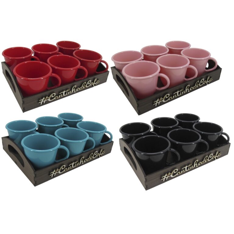 Kit 6 Xícaras Acrílico Com Bandeja Escolha a Cor