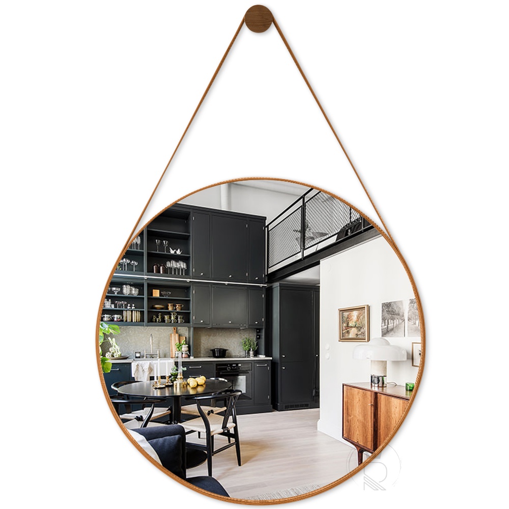 Espelho Redondo Para Banheiro Alça Couro Espelho Decorativo 60cm Suporte Sala Hall Espelho Adnet