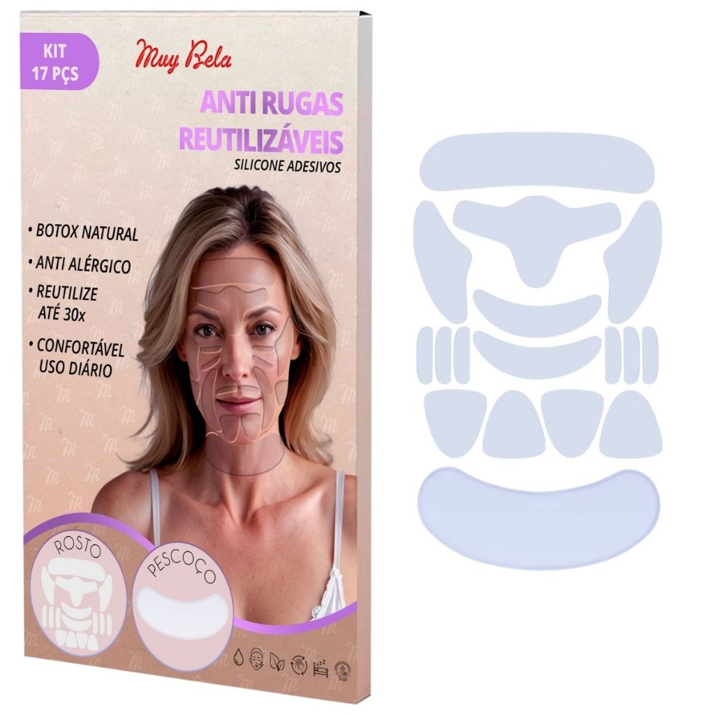 KIT Anti Rugas Para Rosto e Pescoço Skin Care, Silicone, Colágeno Natural, Botox Testa, Bigode Chinê