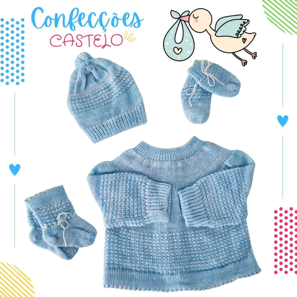 CASACO BEBÊ RECÉM NASCIDO COM KIT DE GORRO, LUVA E SAPATO – LÃ – TRICÔ