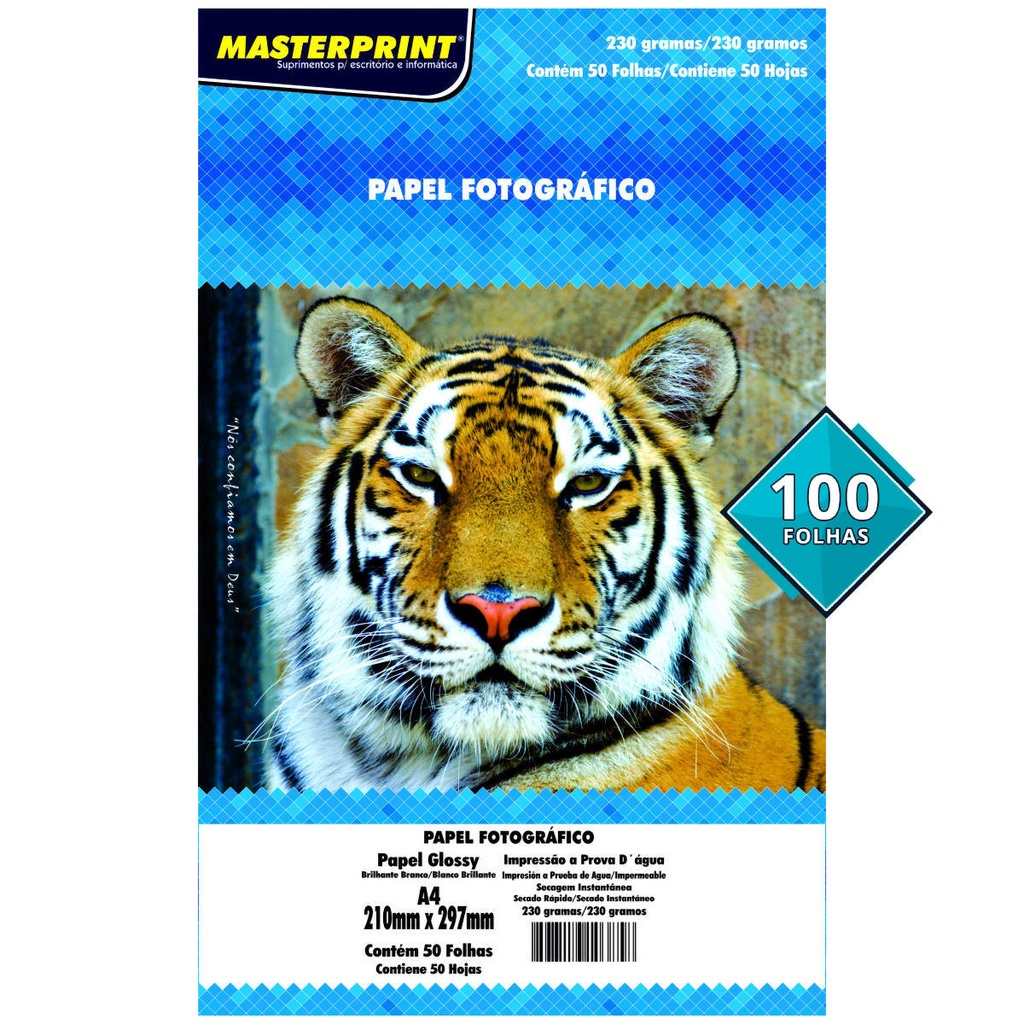 Papel Glossy Fotográfico 230g A4 Branco Brilhante Masterprint com 100 Folhas