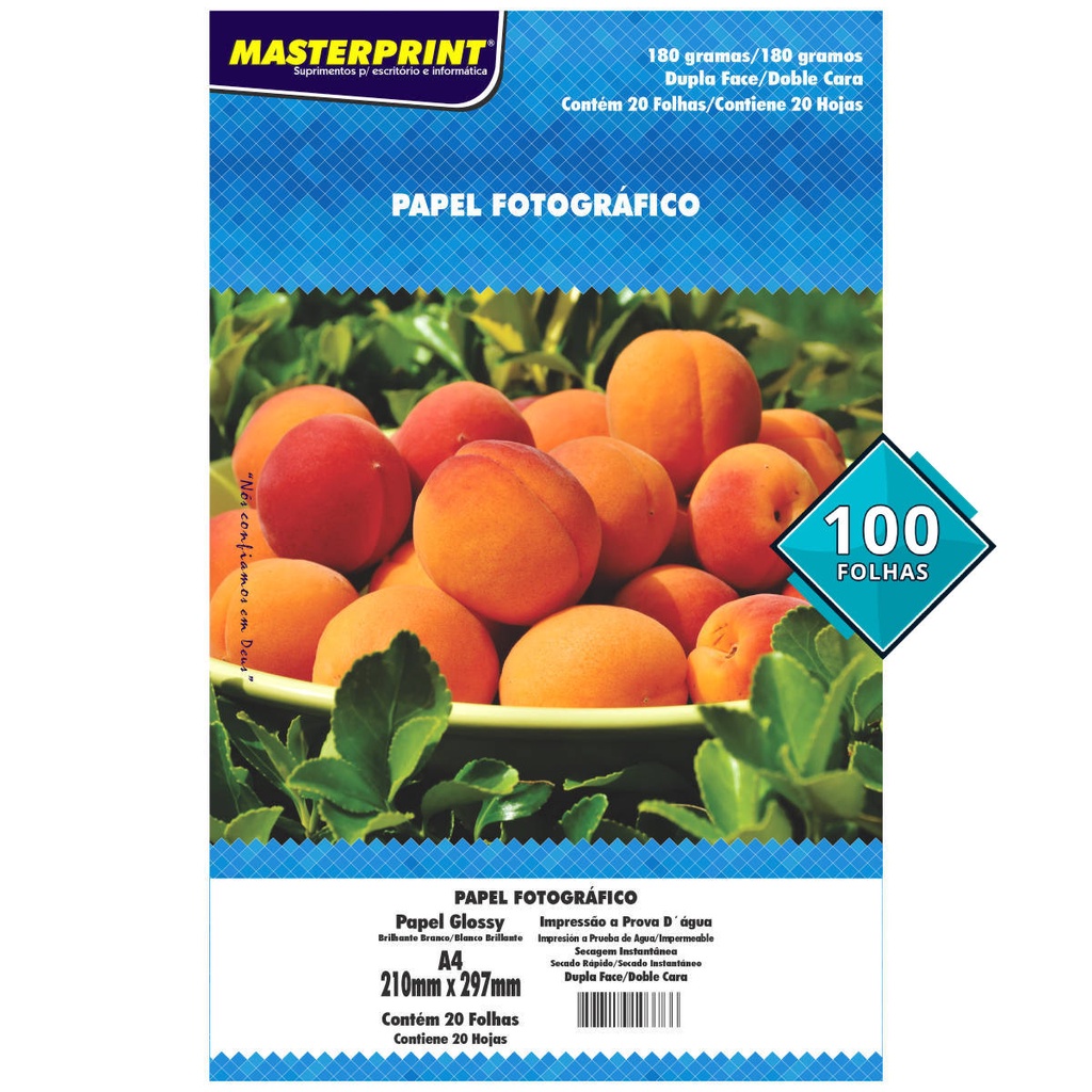 Papel Dupla Face Glossy 180g A4 Fotográfico Branco Brilhante Masterprint com 100 Folhas