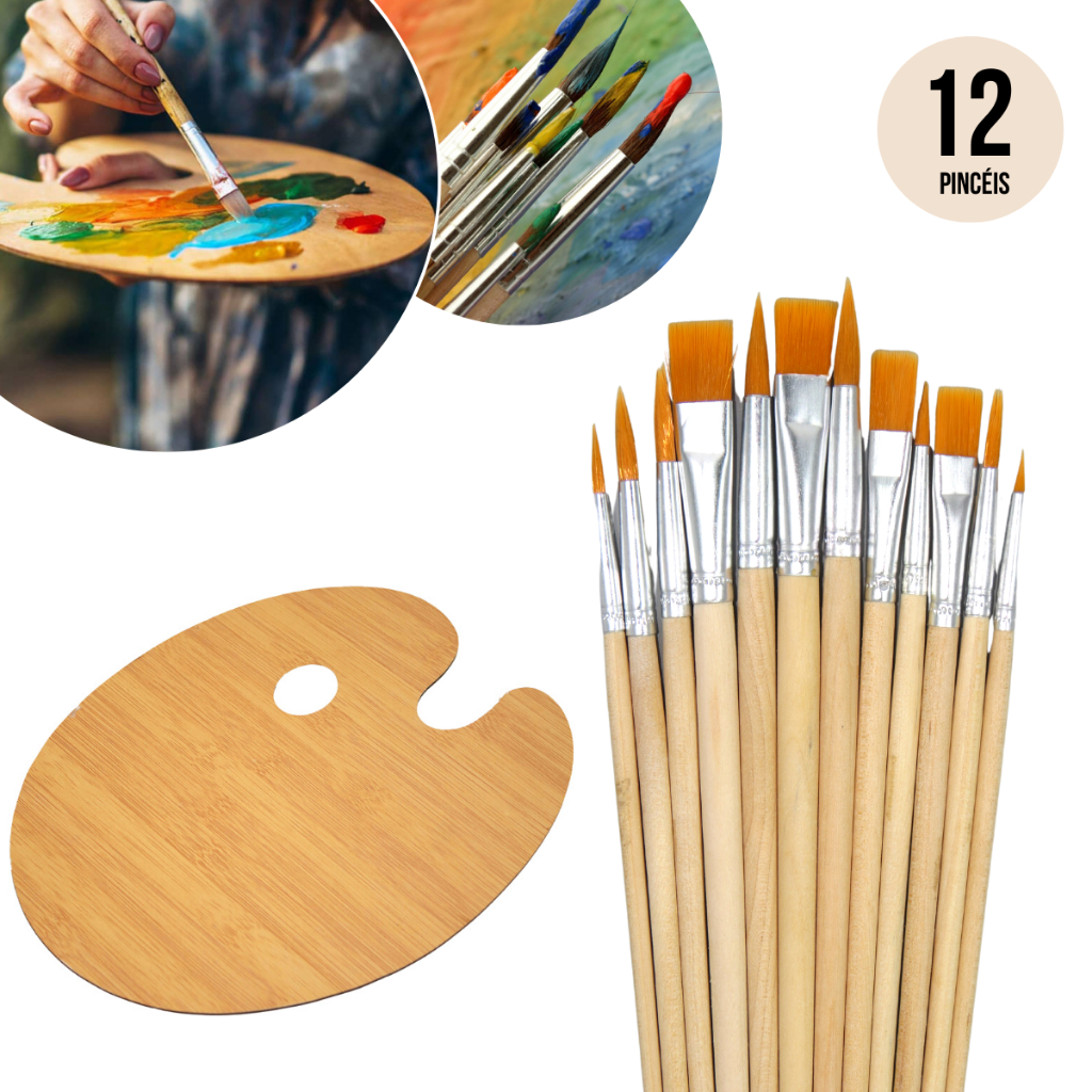 Kit 12 Pincéis Artesanato Artes Pintura de Rosto Guache Pontas Fina e Chata + Paleta de Madeira