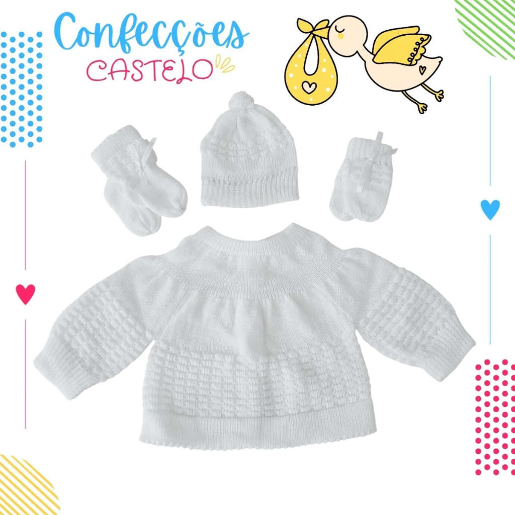 CASACO DE BEBÊ – TAMANHO RN – KIT DE GORRO, LUVINHA E SAPATINHO – LÃ – TRICÔ – SAÍDA DE MATERNIDADE