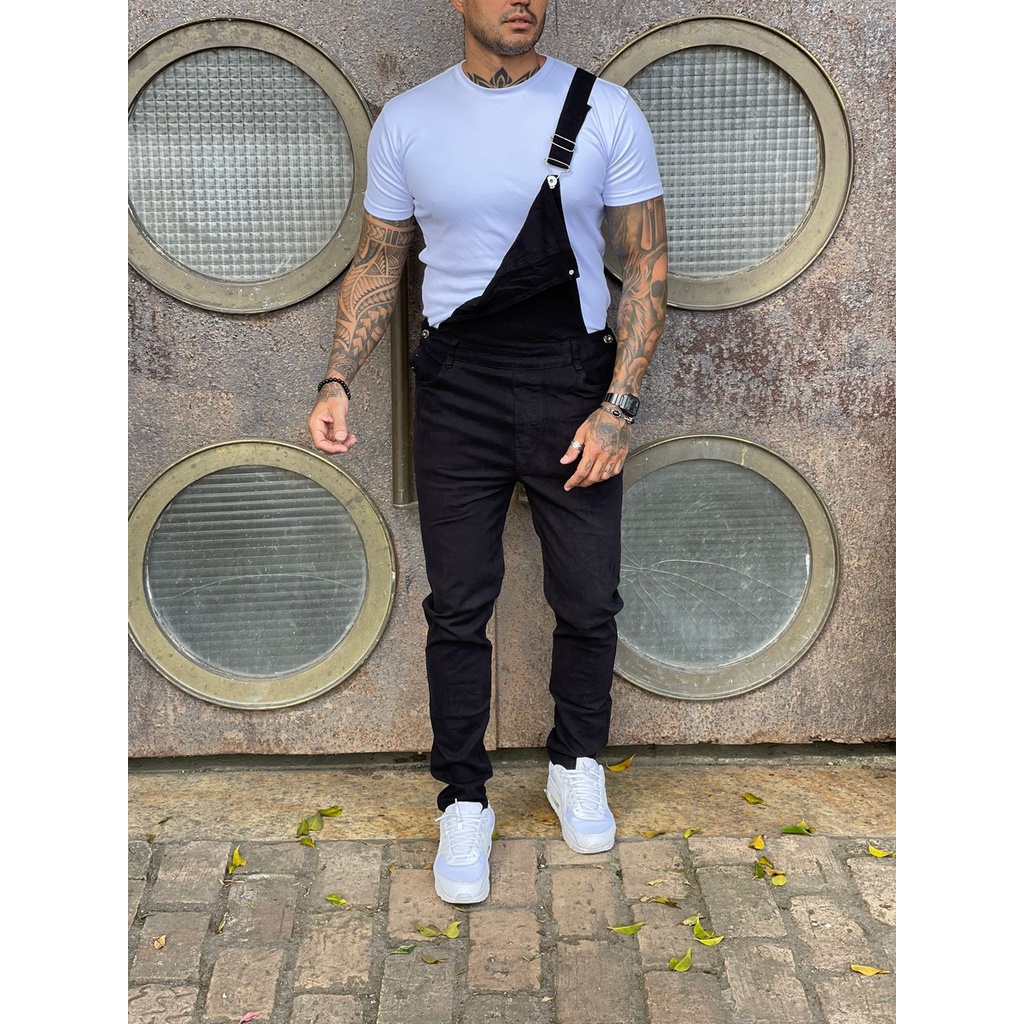 Macacão Jardineira Masculino Sarja Preto