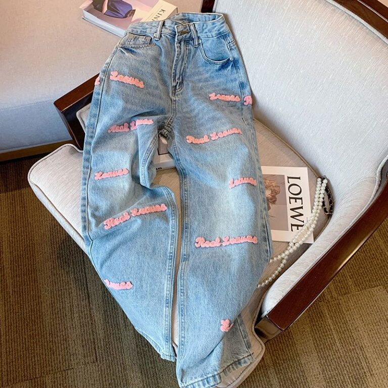 Novo Design Sense Carta Bordada Jeans De Perna Ret