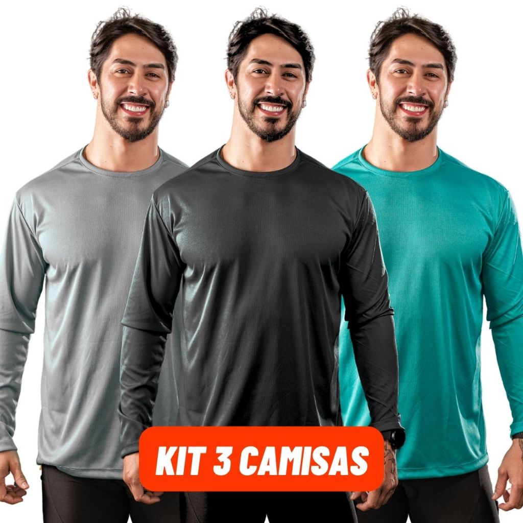 Kit 3 Camisas Proteção UV Masculina Manga Longa Academia Praia Inverno Frio Bike Surf Tênis Futebol