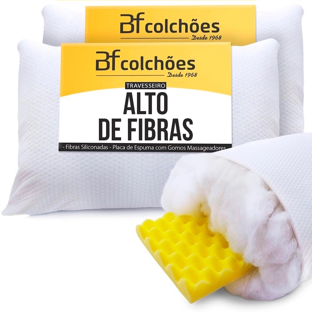 Kit 2 Travesseiros Alto de Fibra Siliconada + Placa de Espuma Soft Massageador – BF Colchões