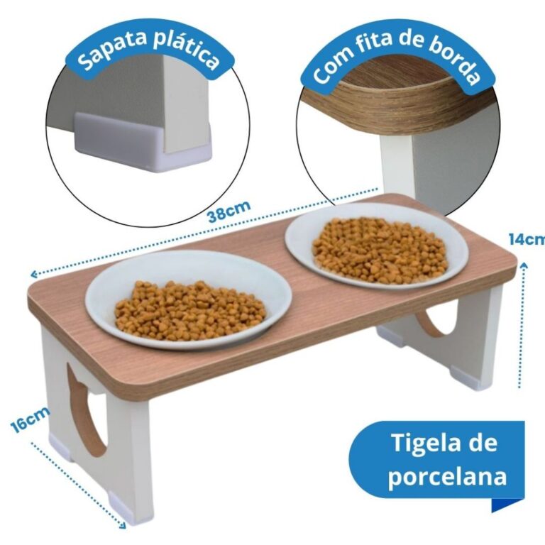 Comedouro Duplo Gato Ergonômico Elevado MDF Suste