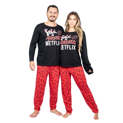 Kit 2 Pijamas Adultos Casal Netflix Longos Outono 
