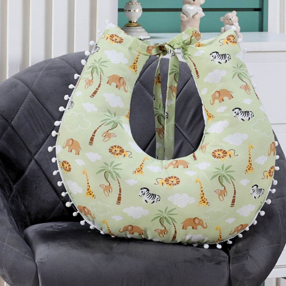 Almofada Amamentação para Amamentar Travesseiro com Zíper e Pompom com Tecido Estampado 100% Algodão