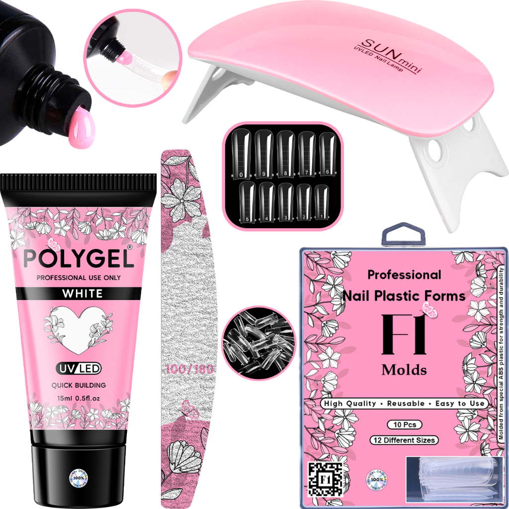 Kit Alongamento Poligel Polygel + Molde F1 + Lixa + Cabine Sun Mini Poly Gel