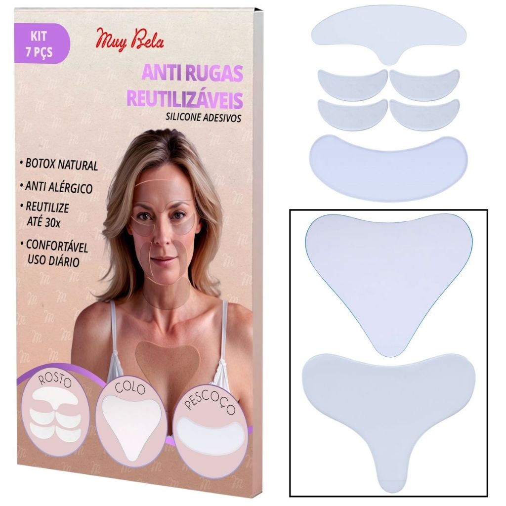 Kit Adesivos Anti Rugas Muy Bela  Skin Care Botox Natural de Silicone | Rosto e Colo Peito  (7 Peças