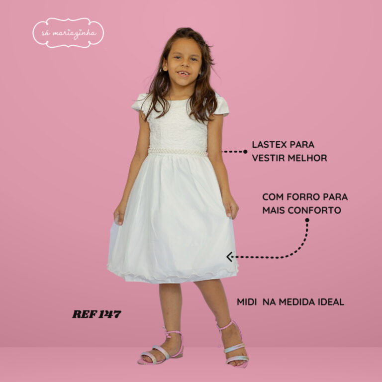 Vestido Midi Infantil Off Cru Tecido Trabalhado no