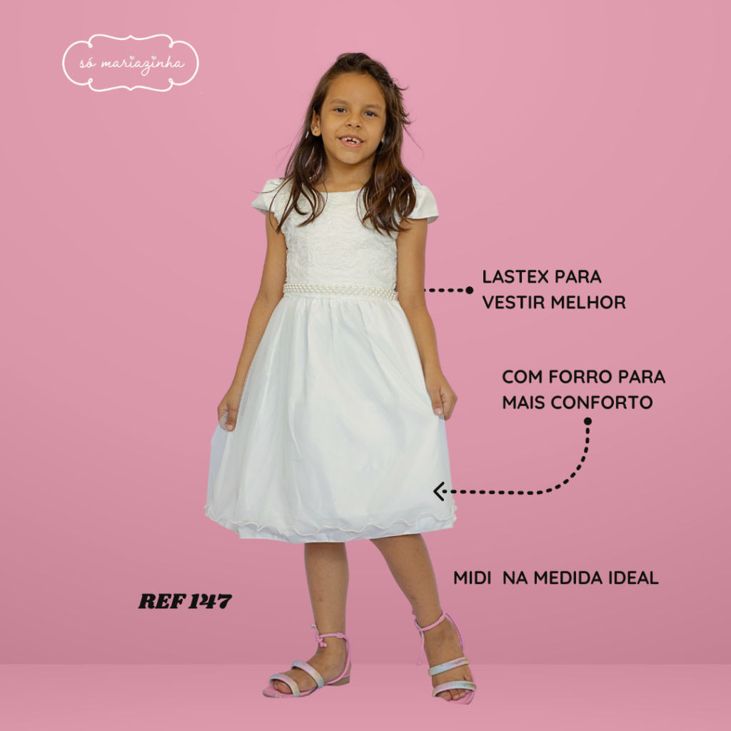 Vestido Midi Infantil Off Cru Tecido Trabalhado no Busto Tule  festa Casamento Daminha Florista REF1