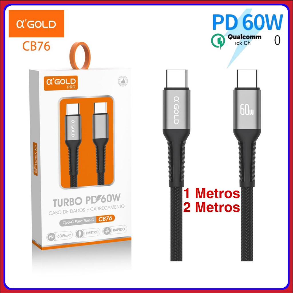Cabo Tipo c Turbo 60W USB-C Para Tipo C 2 Pontas 1 e 2 Metros original AGOLD Carregamento Rápido