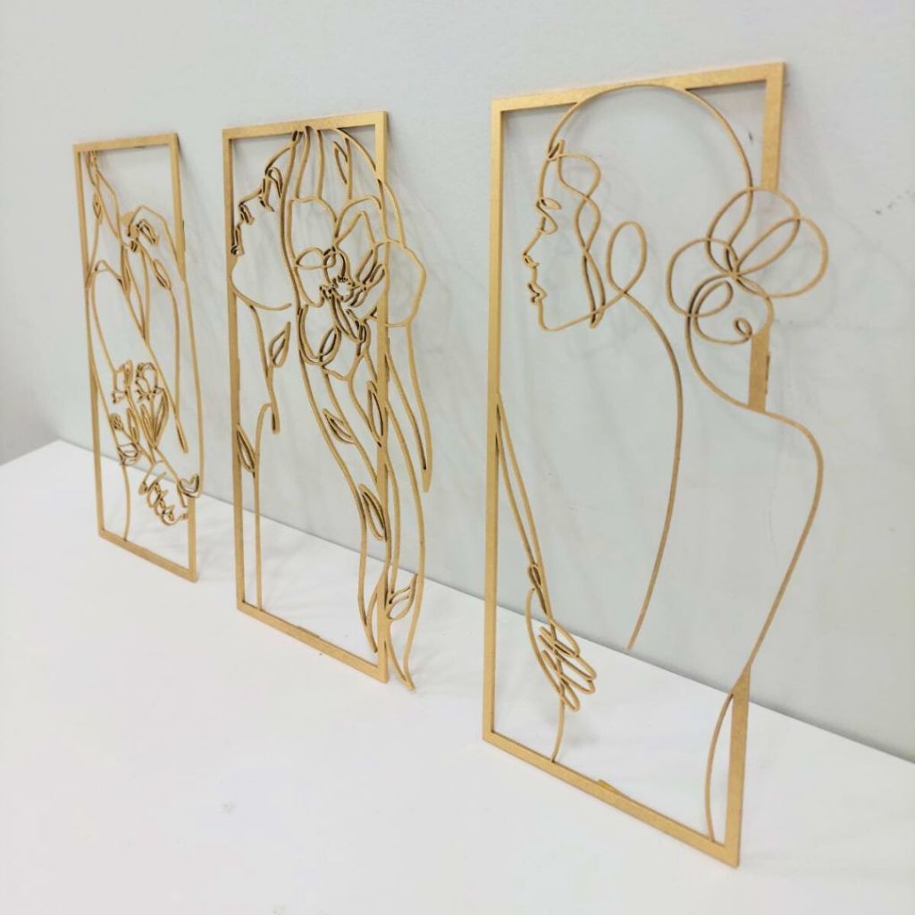 Kit Quadros Decorativos Femininos Mulher Curvas Delicadas Floridas Face Decoração Elegante MDf 3mm