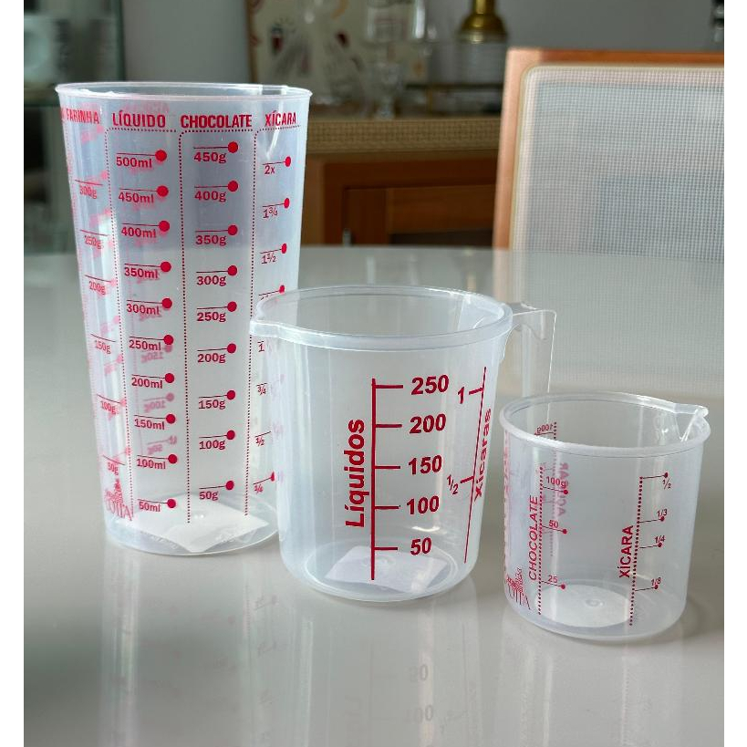 Kit 3 Copos Medidor Bico Dosador Medida 500ml / 250ml / 100ml Vermelho