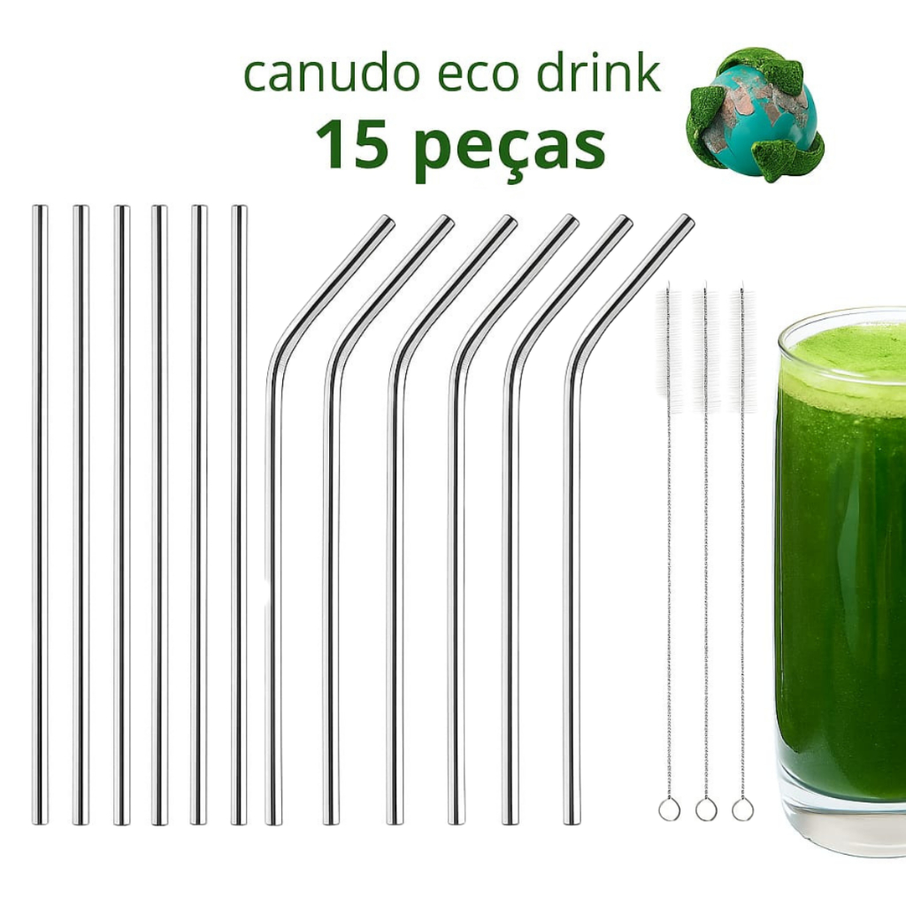 Kit Canudo Reto, Curvo e Escovinha Limpeza Inox Canudos Escovas