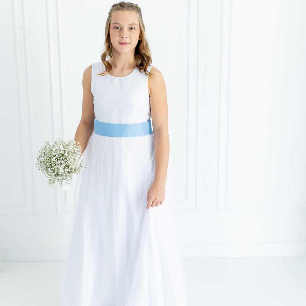 Vestido Dama de Honra  Longo branco Faixa Azul Serenity Infantil com Saia Tule REF4072