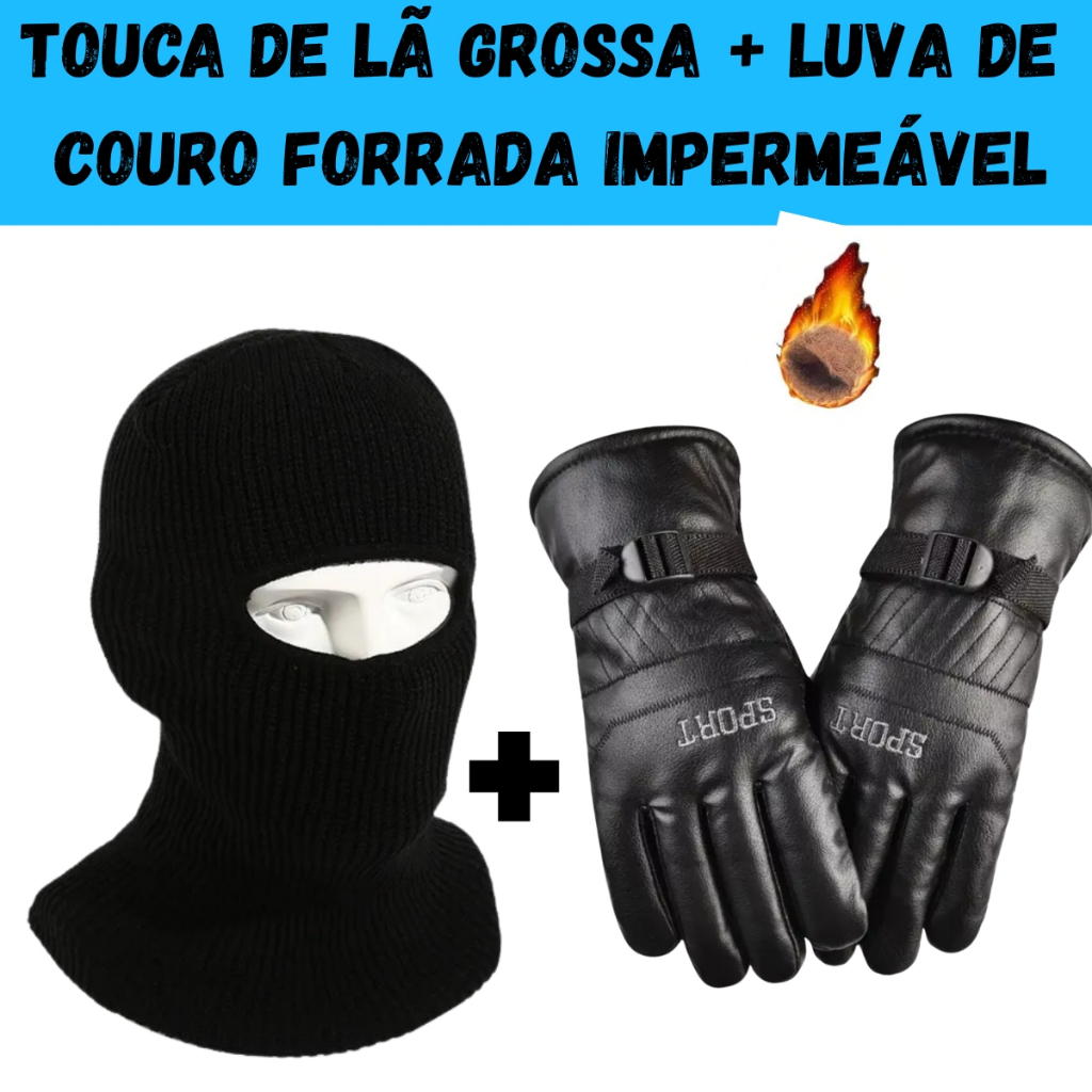 Kit Touca Ninja Balaclava + Luva De Couro Impermeável Térmica Motoqueiro Motociclista