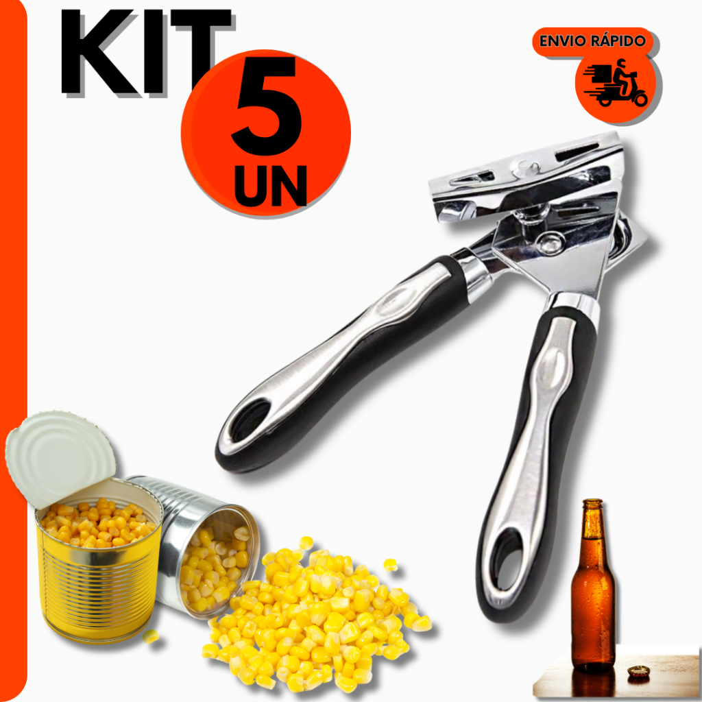 Kit 5 Abridores Multifuncional de Latas e Garrafas Profissional Aço Inox Para Cozinha Restaurante e