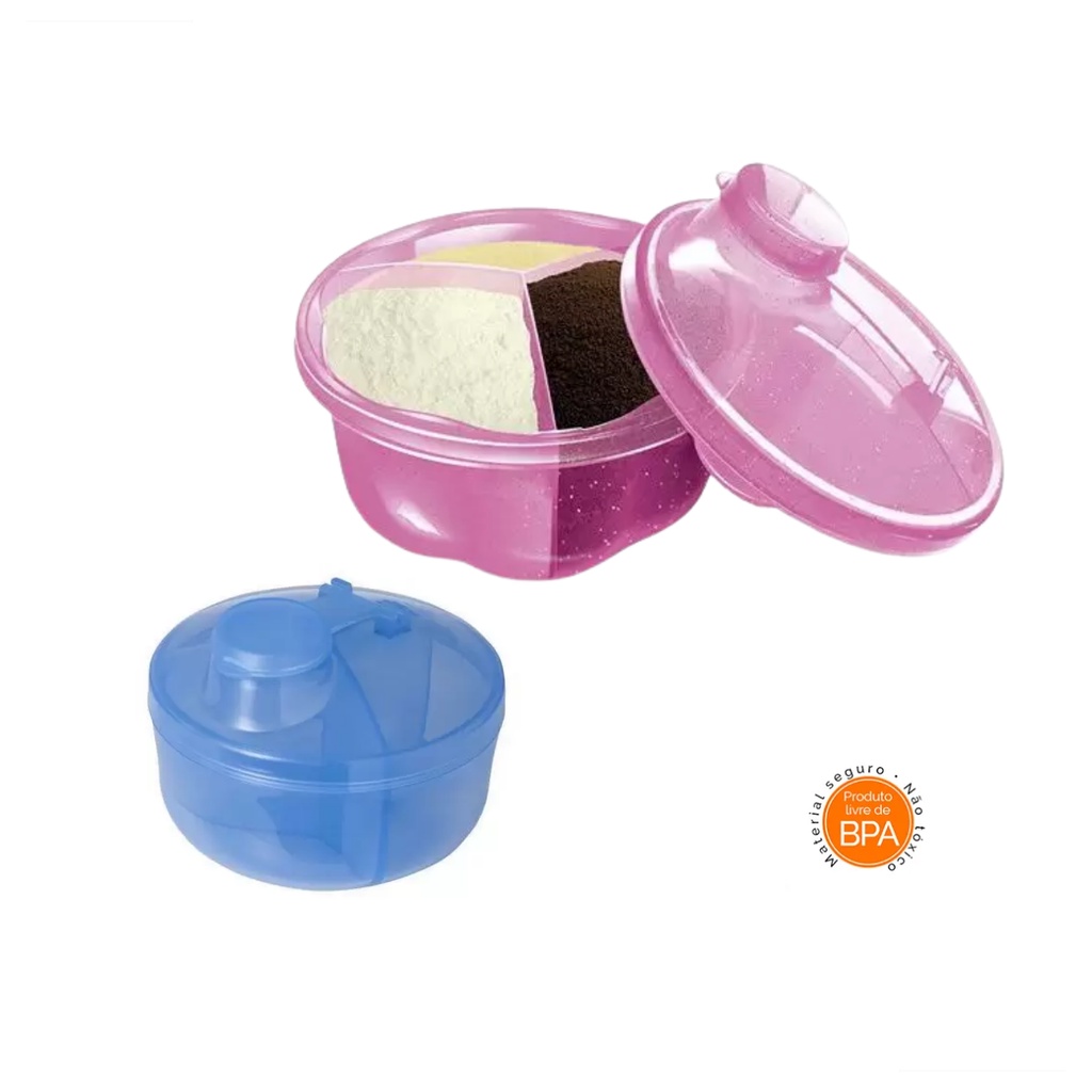 Porta Leite em Pó para bebe 3 divisórias Com Dosador / Porta Whey 3 Compartimentos