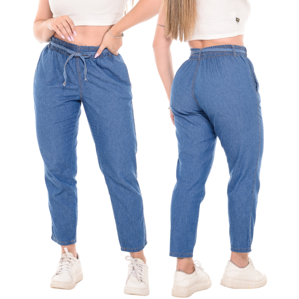 Calça Jeans Feminina Cintura Alta Tecido Leve Com Elástico Na Cintura