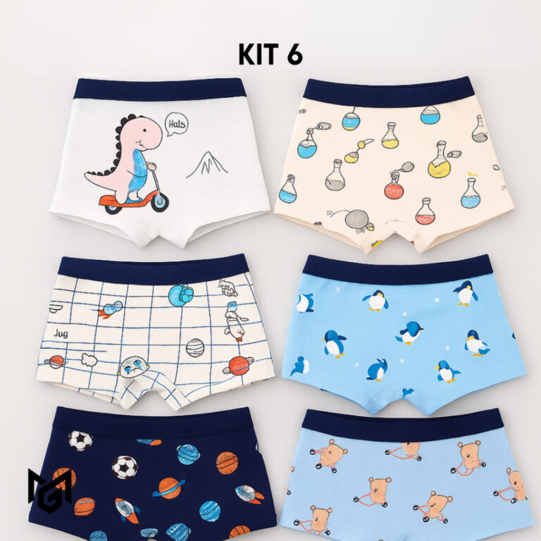 KIT 6 Cuecas Infantis Boxer 100% Algodão Toque Ma
