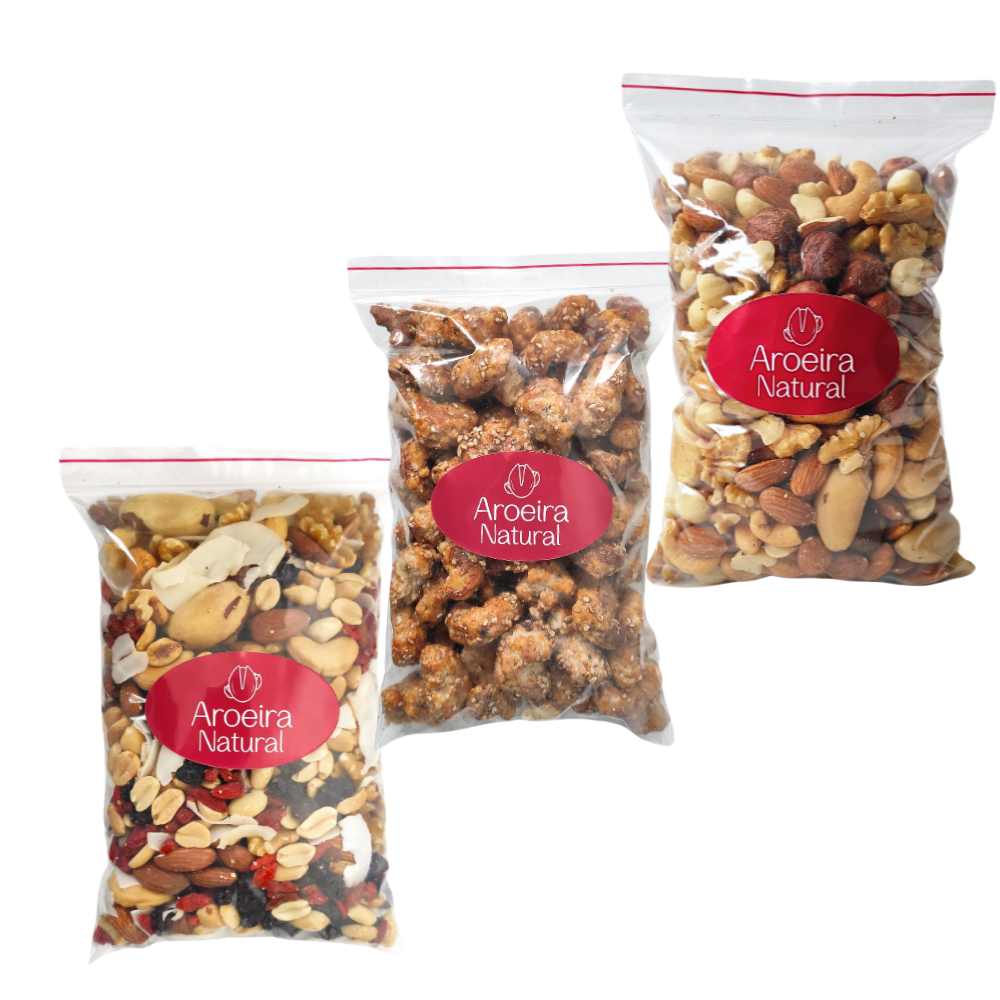 Trio de Nuts – Castanha Caju Caramelizada + Mix Tropical + Mix PREMIUM Macadâmia e Avelã.