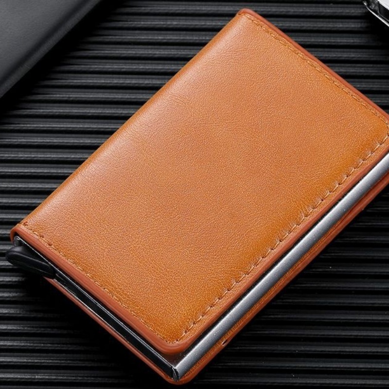 Mini Slim AlumíNio Auto POP Up Presente De AniversáRio Carteira Para Homens Porta CartãO De Couro PU