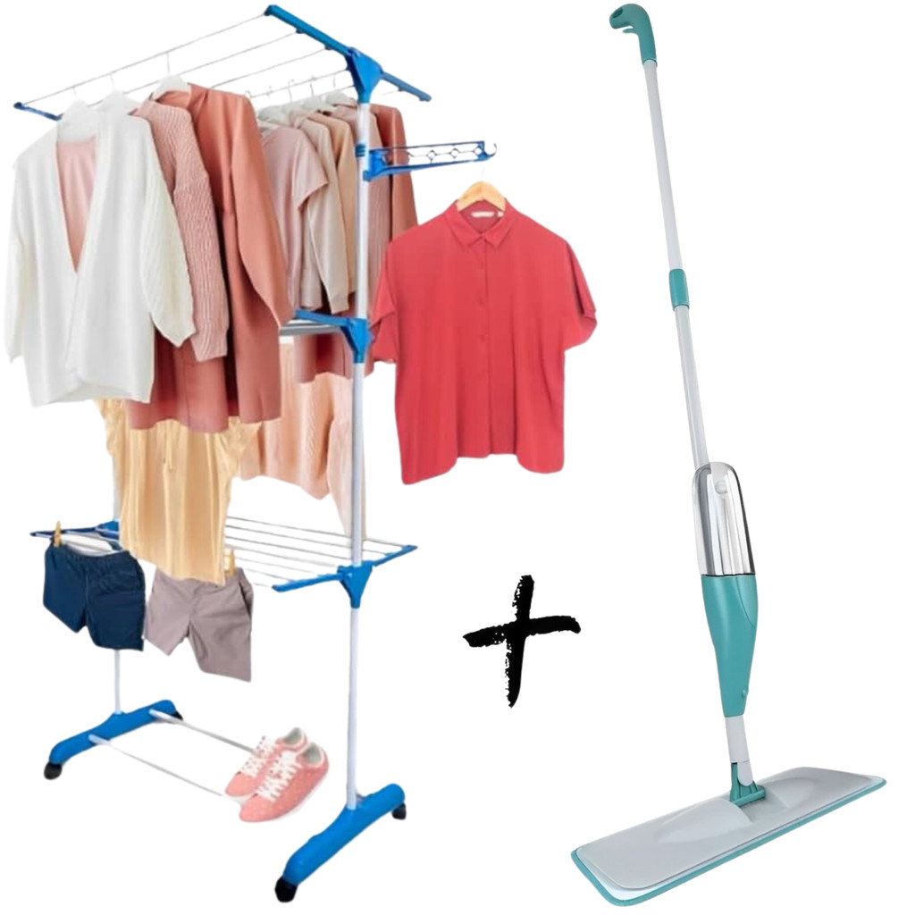 Kit Varal Dobrável Inox 3 andares c/ rodinhas + Mop Spray 3 em 1 c/ reservatório 400ml