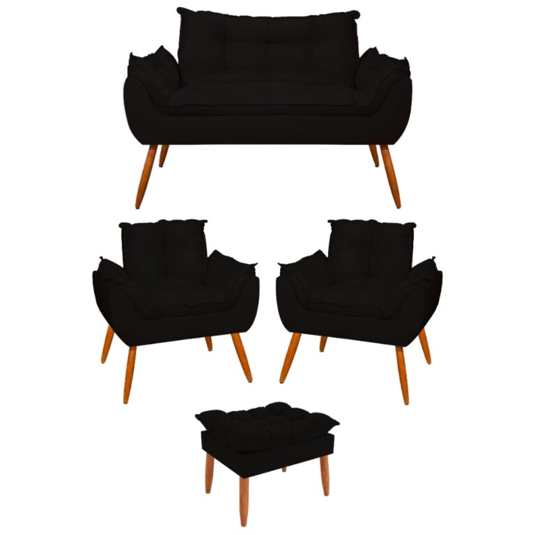 Kit 02 Poltronas + Sofá 2 lugares com Puff Opala 