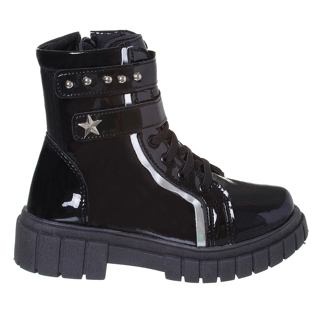 Bota Coturno Menina Com Fechamento Duplo Preto Verniz