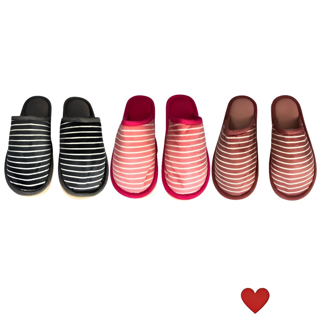 Pantufa Feminina Aveludada Listrada Adulto Antiderrapante Macia Fechada Solado Borracha EVA p/ Frio