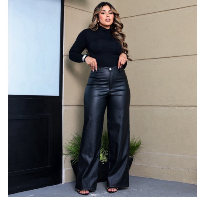 Calça feminina Pantalona Couro Fake Wid Leg Tend